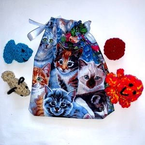 Hand Crafted Kittens Fabric Drawstring Cotton Gift Bag Toys Not Included